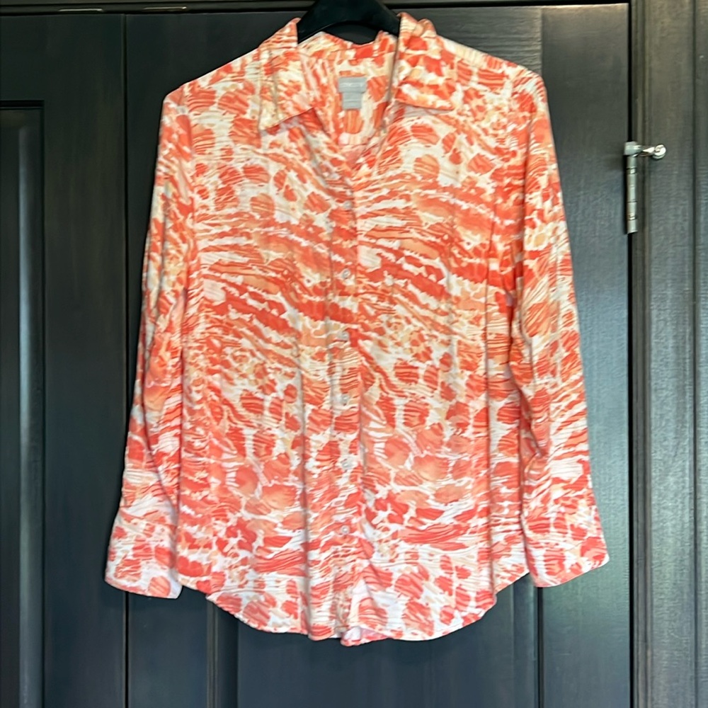Chico's Orange and White Button Down Shirt Sz 2 (12)